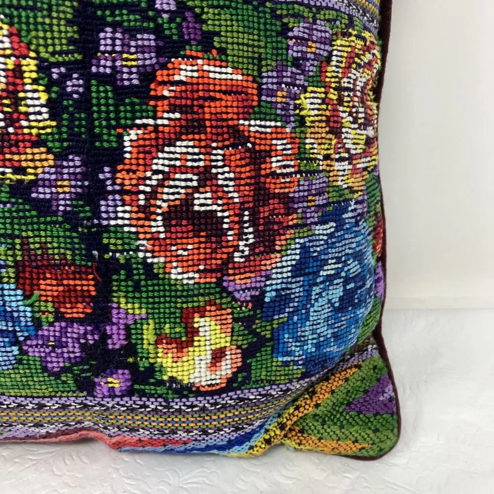 Floral Needlepoint Throw Pillow Rose Zig Zag Stripe cottagecore grannycore VTG